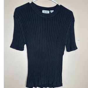Montana Blues Jean Co. NWT VTG Black Ribbed Round Neck Short Sleeve Top Size‎ L